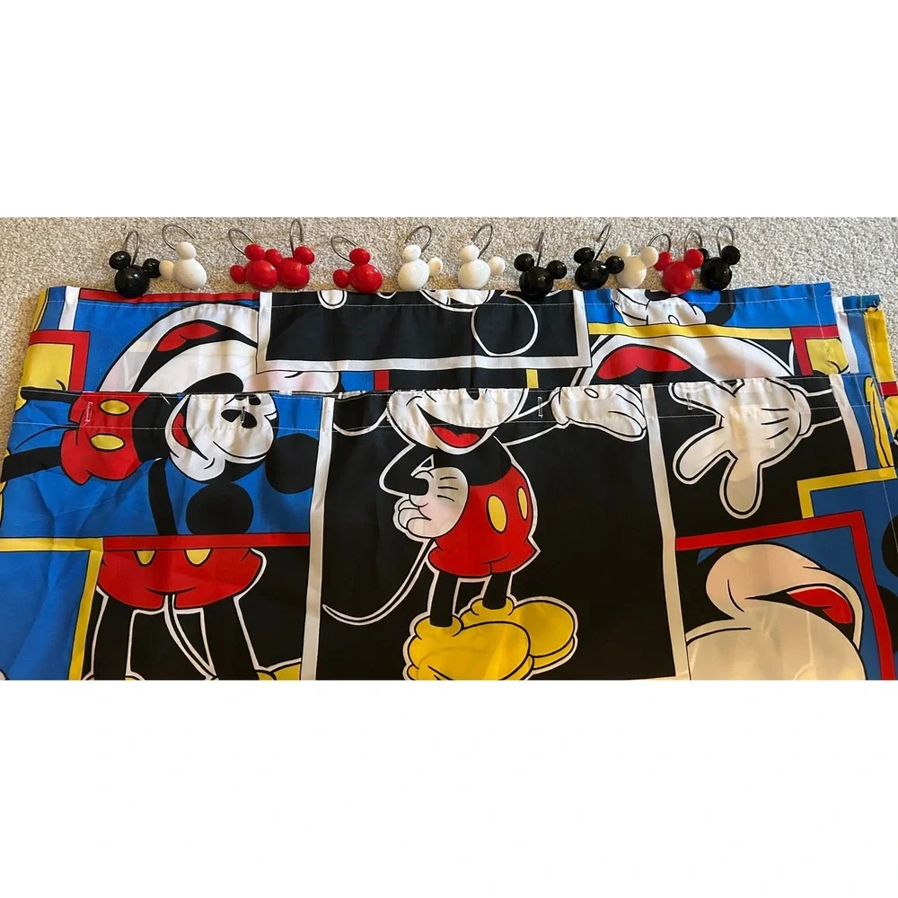 Disney Mickey Mouse Shower Curtain with 12 Matching Mickey Silhouette Hooks Set